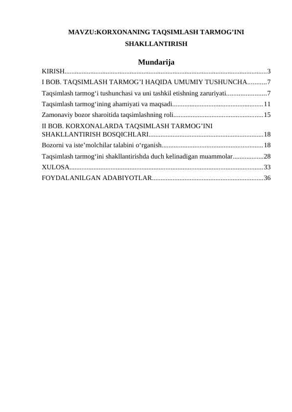KORXONANING TAQSIMLASH TARMOG’INI SHAKLLANTIRISH KURS ISHI