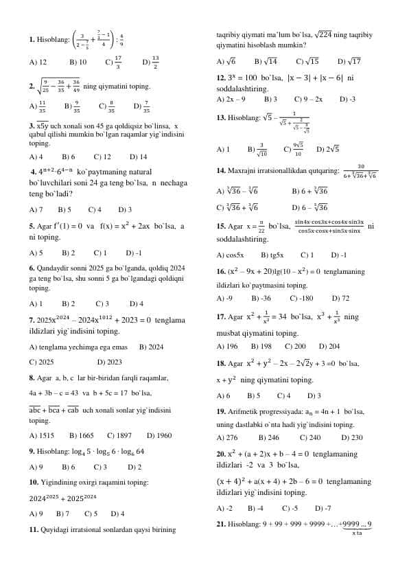 Matemtikadan test