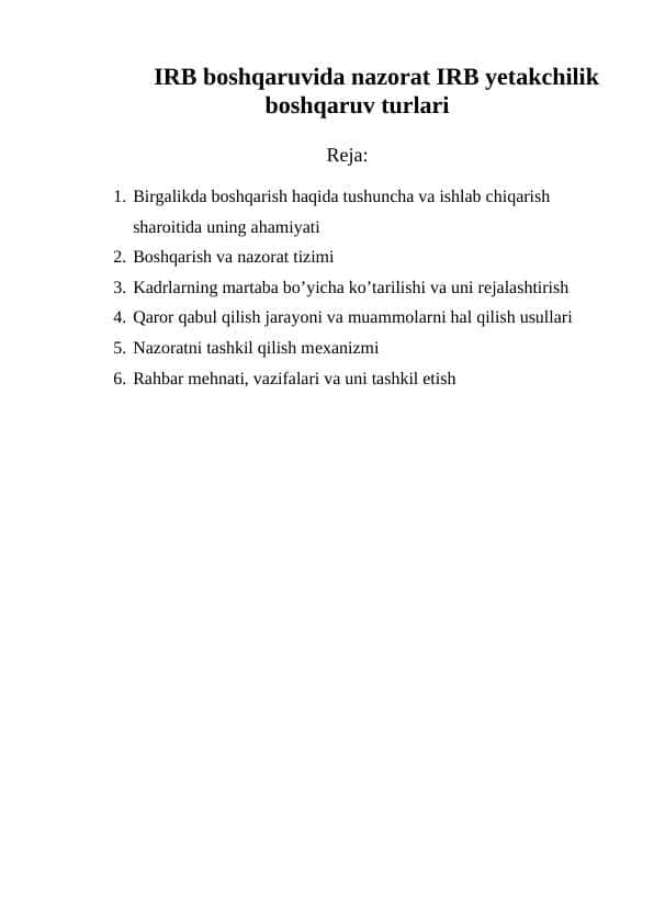 IRB boshqaruvida nazorat IRB yetakchilik boshqaruv turlari