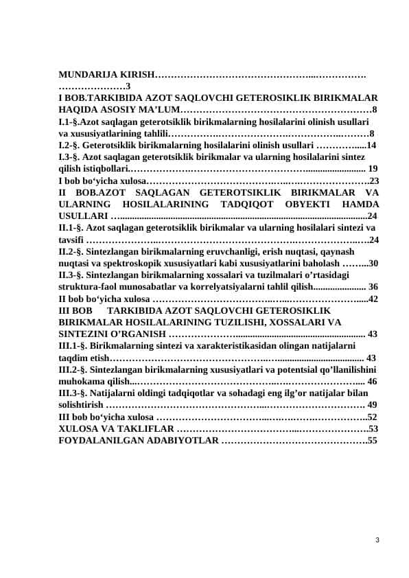 TARKIBIDA AZOT SAQLOVCHI GETEROTSIKLIK BIRIKMALAR ASOSIDAGI HOSILALARINING SINTEZI, TUZILISHI VA XOSSALARI