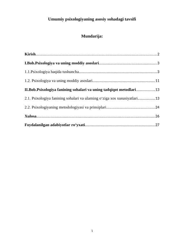 Umumiy psixologiyaning asosiy sohadagi tavsifi