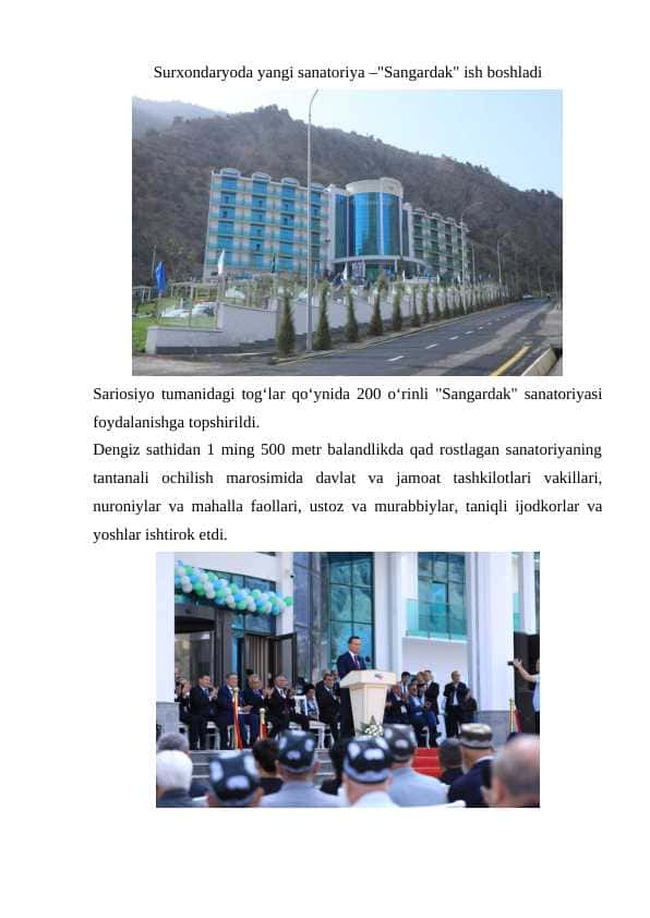 Surxondaryoda yangi sanatoriya –"Sangardak" ish boshladi