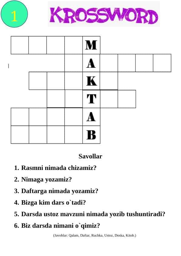 Tarbiya fanidan krossword