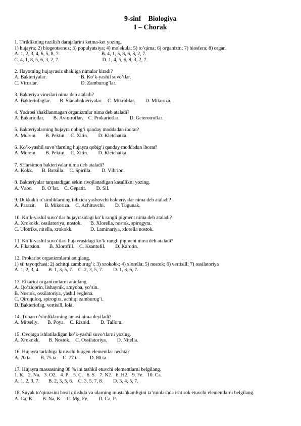 9-sinf Biologiya I – Chorak 9-sinf Biologiya II – Chorak 9-sinf Biologiya III – Chorak 9-sinf Biologiya IV – Chorak