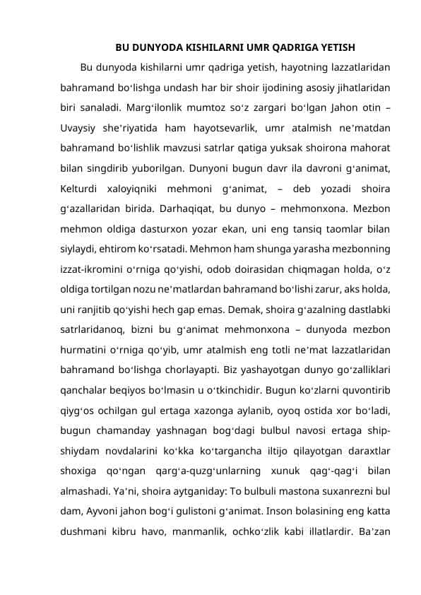 BU DUNYODA KISHILARNI UMR QADRIGA YETISH