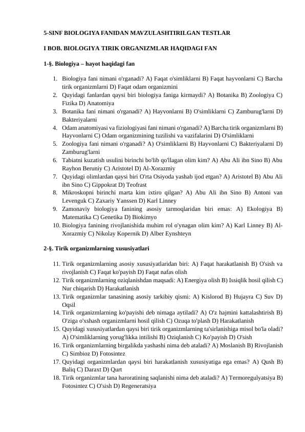 Biologiya fanidan 5-sinf uchun mavzulashtirilgan testlar javoblari bilan