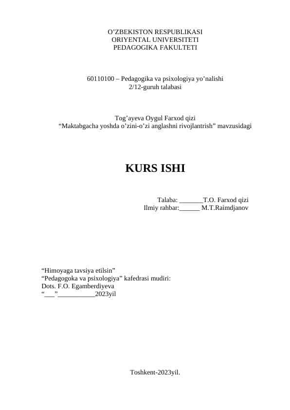 Maktabgacha yoshda o’zini-o’zi anglashni rivojlantrish