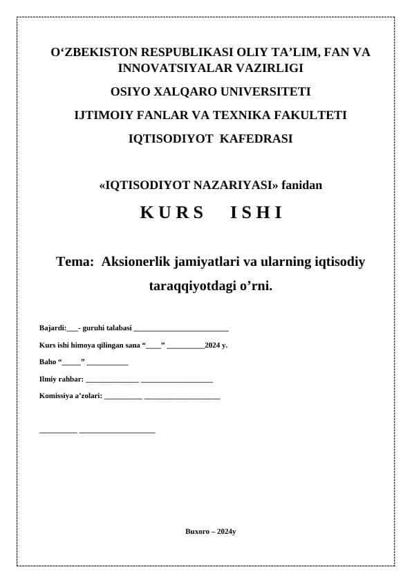 Aksionerlik jamiyatlari va ularning iqtisodiy taraqqiyotdagi o’rni