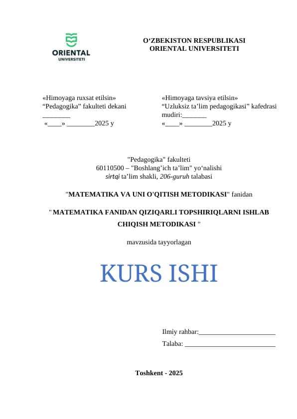 MATEMATIKA FANIDAN QIZIQARLI TOPSHIRIQLARNI ISHLAB CHIQISH METODIKASI