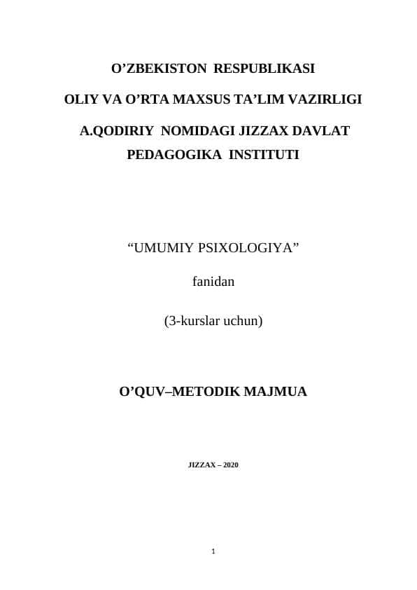 UMUMIY PSIXOLOGIYA FANIDAN O'QUV-METODIK MAJMUA