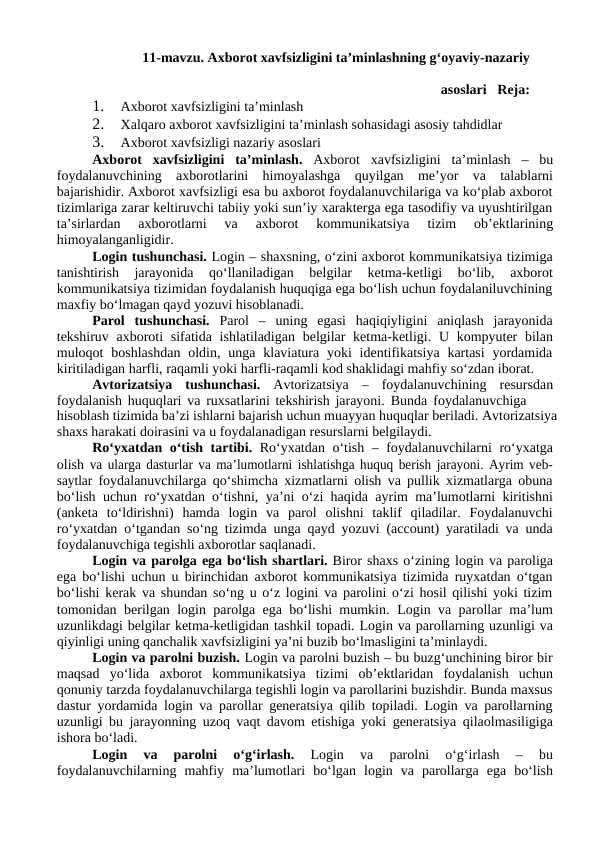 Axborot xavfsizligini ta’minlashning g‘oyaviy-nazariy