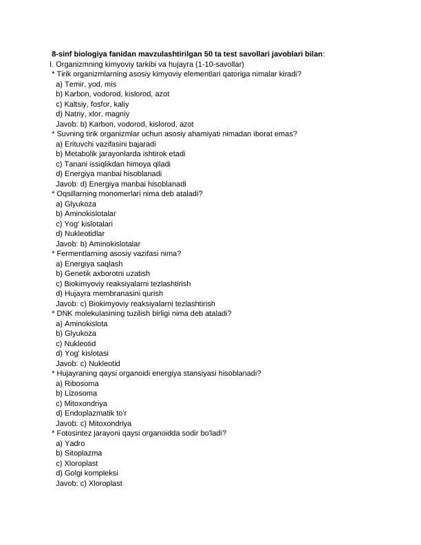 8 sinf biologiya fanidan mavzulashtirilgan test