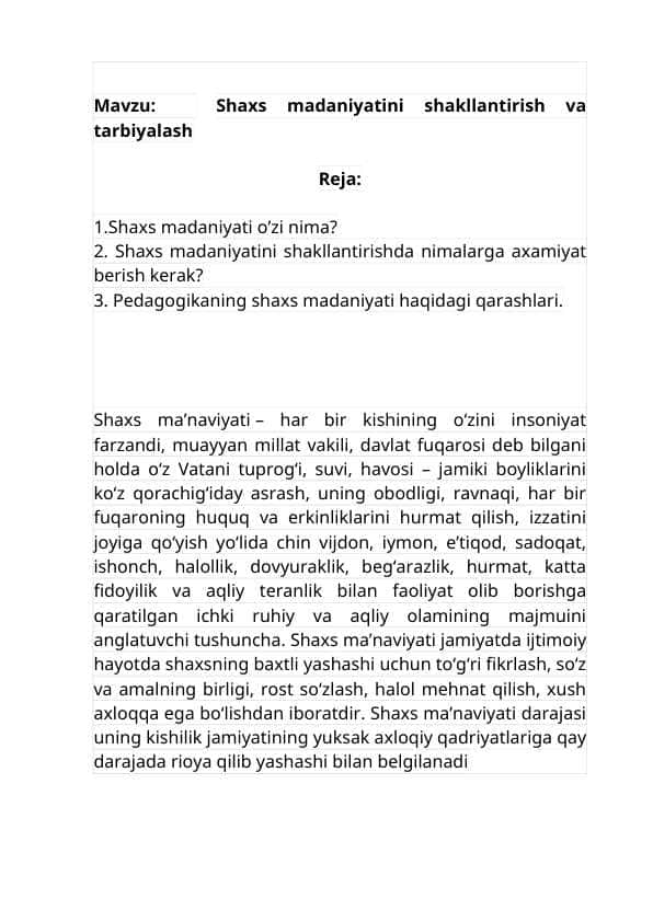 Shaxs madaniyatini shakllantirish va tarbiyalash