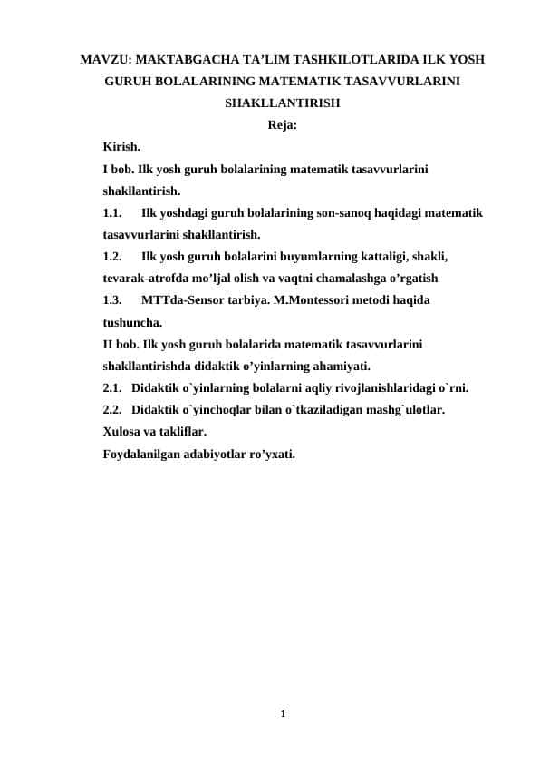 MAKTABGACHA TA’LIM TASHKILOTLARIDA ILK YOSH GURUH BOLALARINING MATEMATIK TASAVVURLARINI SHAKLLANTIRISH