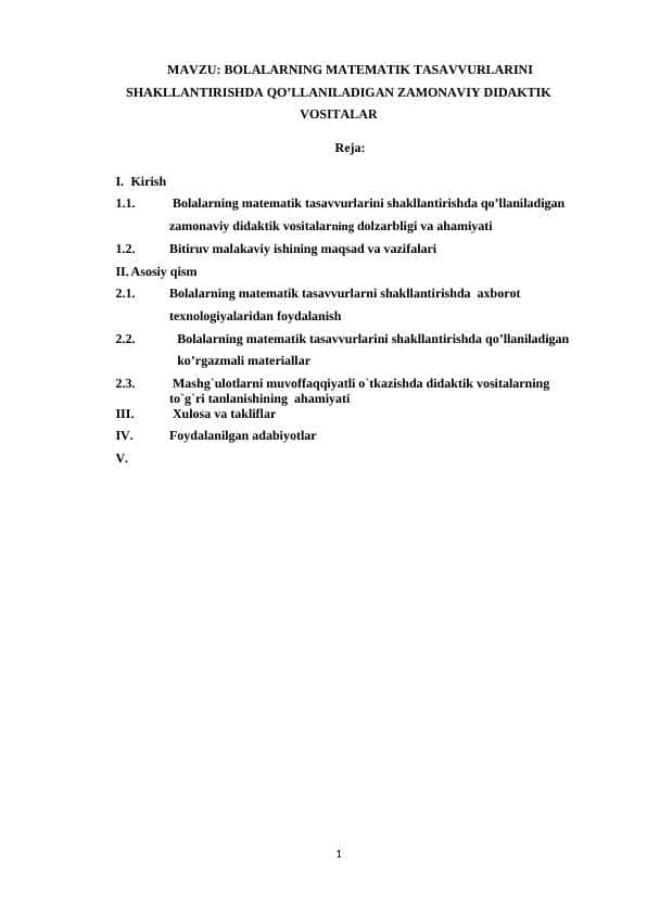 BOLALARNING MATEMATIK TASAVVURLARINI SHAKLLANTIRISHDA QO’LLANILADIGAN ZAMONAVIY DIDAKTIK VOSITALAR