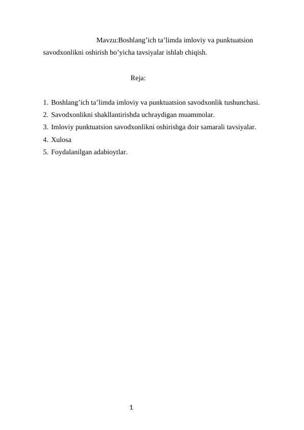 Boshlangʻich taʼlimda imloviy va punktuatsion savodxonlikni oshirish boʻyicha tavsiyalar ishlab chiqish