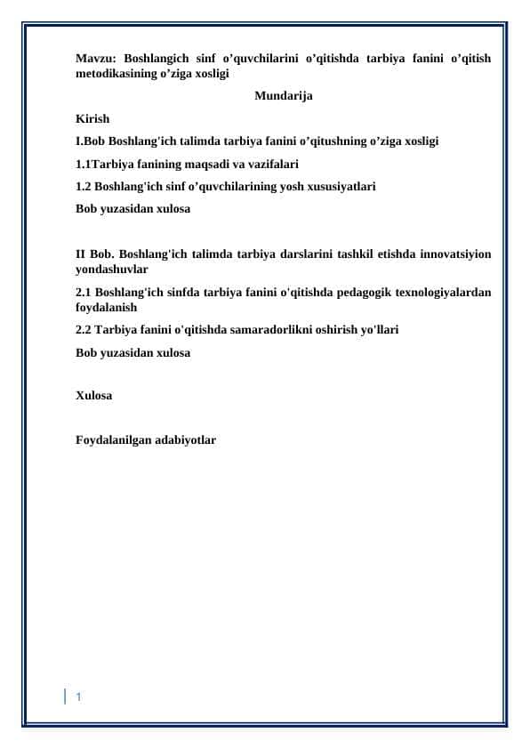 Boshlangich sinf o’quvchilarini o’qitishda tarbiya fanini o’qitish metodikasining o’ziga xosligi