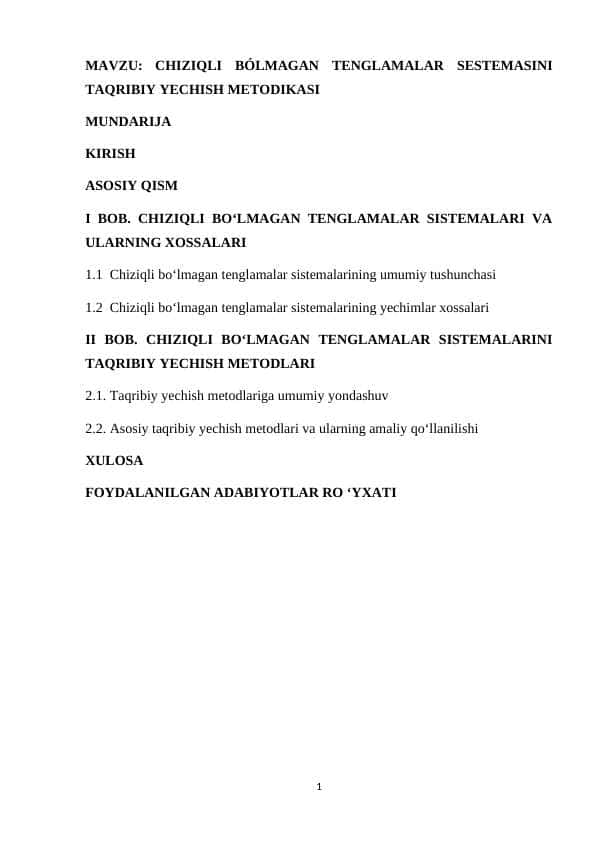 Chiziqli bólmagan tenglamalar sestemasini taqribiy yechish metodikasi