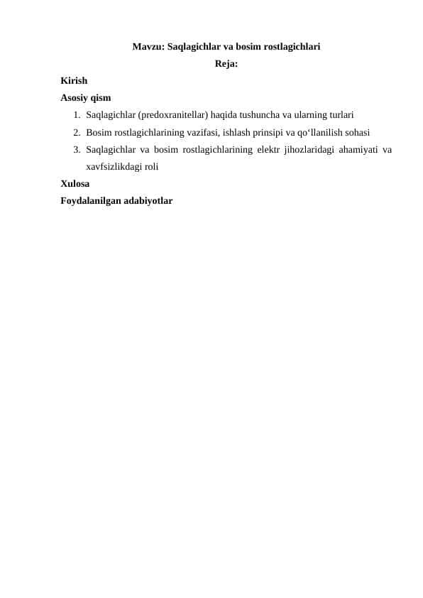 Saqlagichlar va bosim rostlagichlari