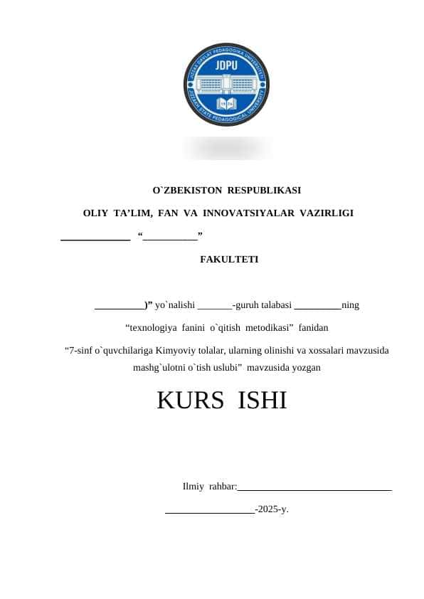 “7-sinf o`quvchilariga Kimyoviy tolalar, ularning olinishi va xossalari. Kurs ishi