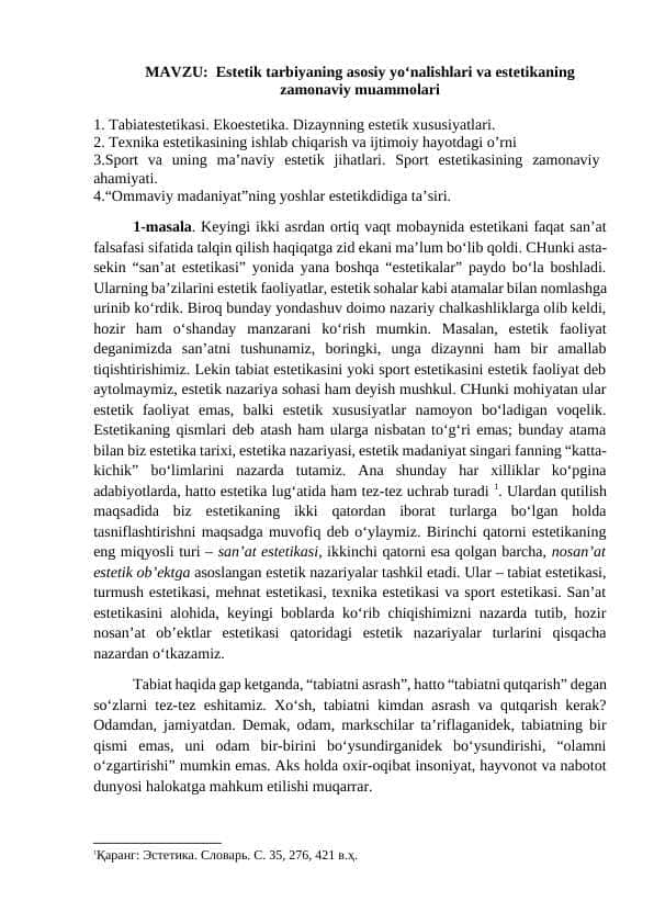 Estetik tarbiyaning asosiy yo‘nalishlari va estetikaning zamonaviy muammolari