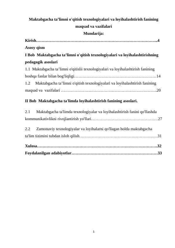 Maktabgacha ta’limni o'qitish texnologiyalari va loyihalashtirishning pedagogik asoslari
