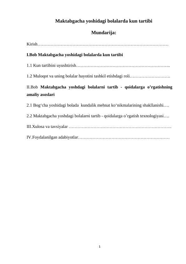 Maktabgacha yoshidagi bolalarda kun tartibi