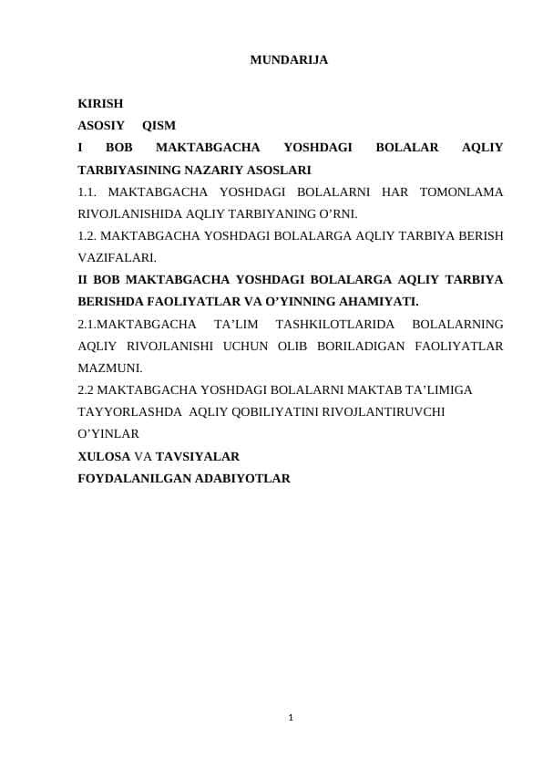 Maktabgacha ta’lim yoshdagi bolalarga aqliy tarbiya