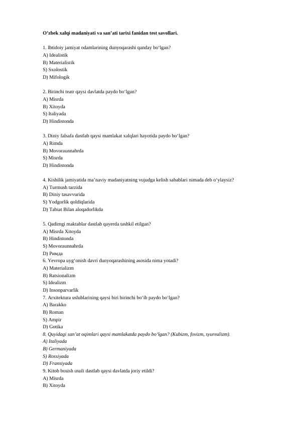O’zbek xalqi madaniyati va san’ati tarixi fanidan test savollari.
