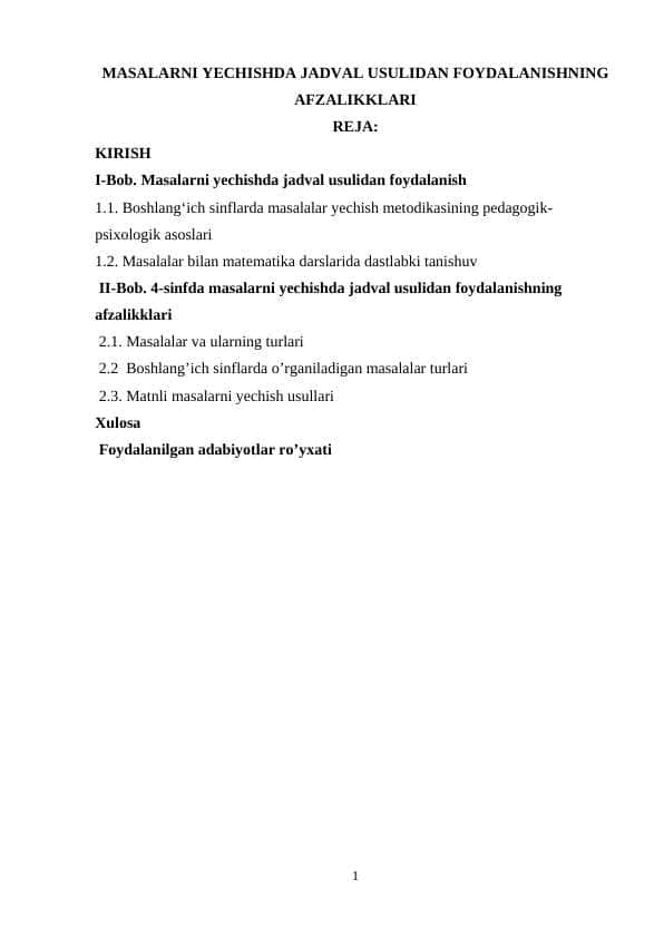 MASALARNI YECHISHDA JADVAL USULIDAN FOYDALANISHNING AFZALIKKLARI