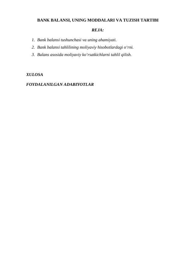 BANK BALANSI, UNING MODDALARI VA TUZISH TARTIBI