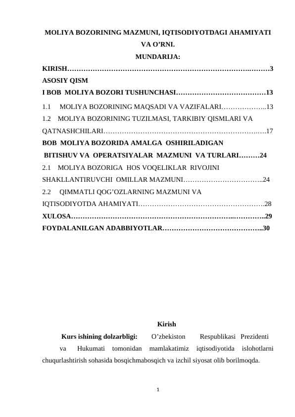 MOLIYA BOZORINING MAZMUNI, IQTISОDIYOTDAGI AHAMIYATI VA O’RNI.