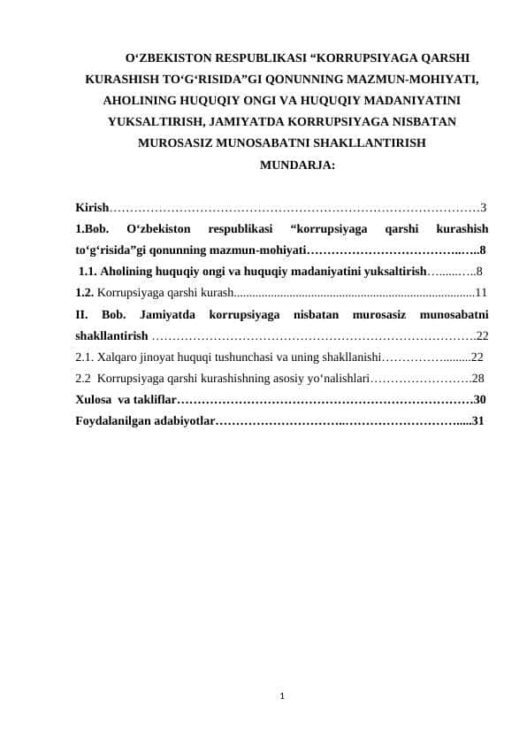 O‘ZBEKISTON RESPUBLIKASI “KORRUPSIYAGA QARSHI KURASHISH TO‘G‘RISIDA”GI QONUNNING MAZMUN-MOHIYATI, AHOLINING HUQUQIY ONGI VA HUQUQIY