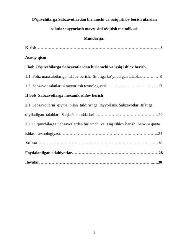 O’quvchilarga Sabzavotlardan birlamchi va issiq ishlov berish ulardan salatlar tayyorlash mavzusini oʻqitish metodikasi