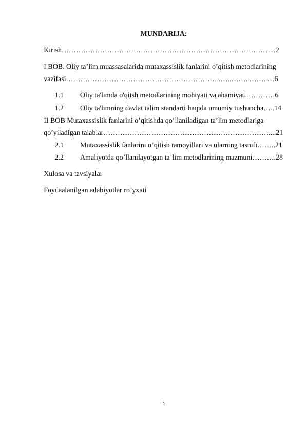 Oliy ta’lim muassasalarida mutaxassislik fanlarini o’qitish metodlarining vazifasi kurs ishi