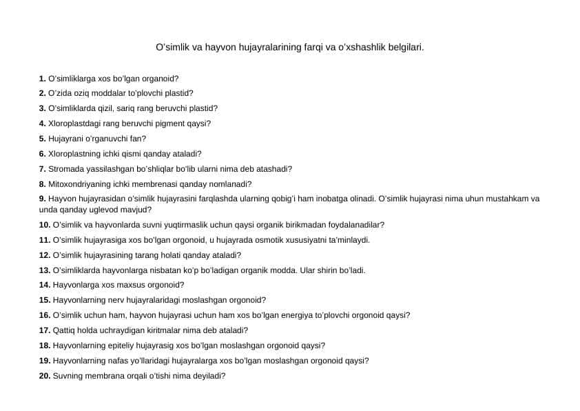 O’simlik va hayvon hujayralarining farqi va o’xshashlik belgilari.