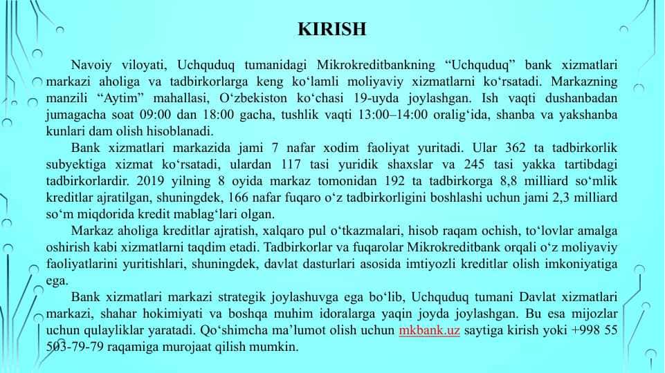 Mikrokreditbank malakaviy amaliyot hisoboti