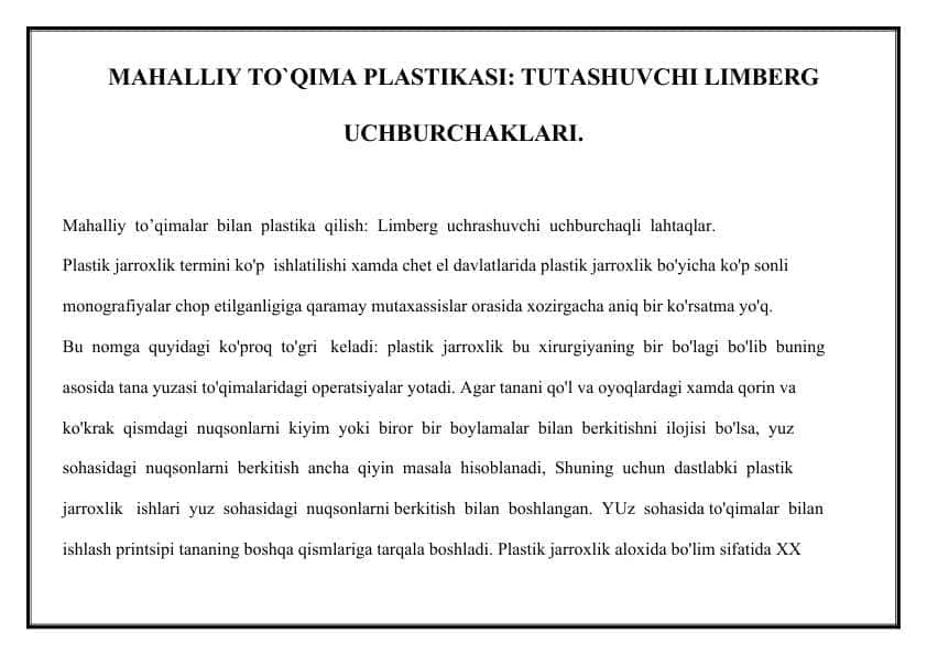 MAHALLIY TO`QIMA PLASTIKASI: TUTASHUVCHI LIMBERG UCHBURCHAKLARI