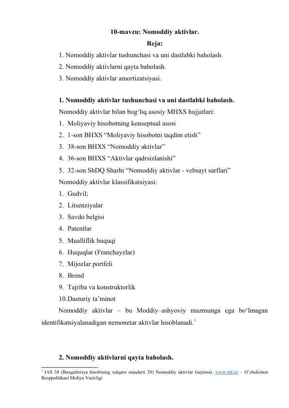 "Nomoddiy Aktivlar. Referat 1-Kurs buxgalteriya hisobi referatlari