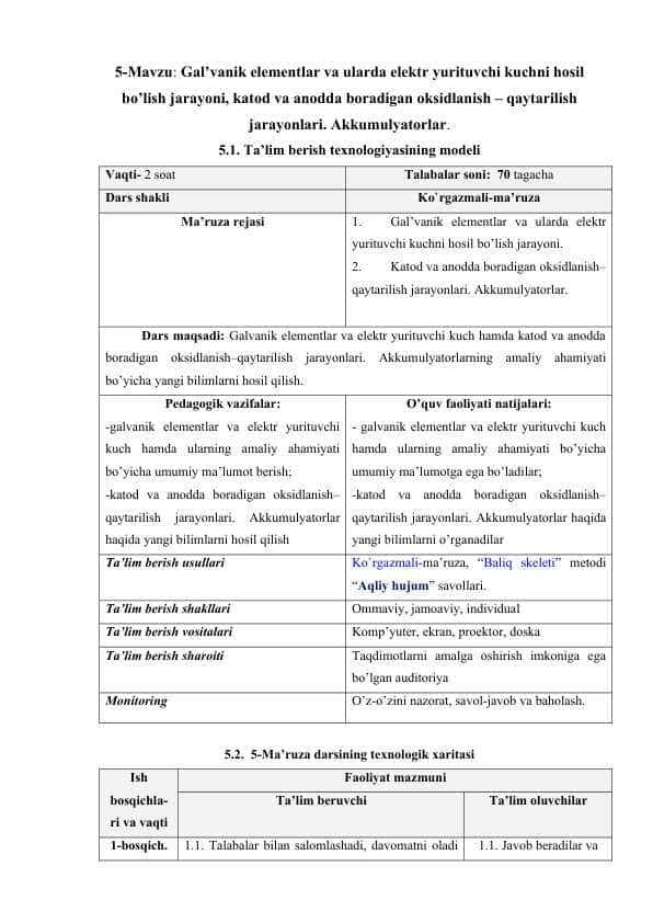 Gal’vanik elementlar, elektr yurituvchi kuch, oksidlanish-qaytarilish jarayonlari, akkumulyatorlar — Dars ishlanmasi | Yengil tushuntirish va amaliy misollar bilan
