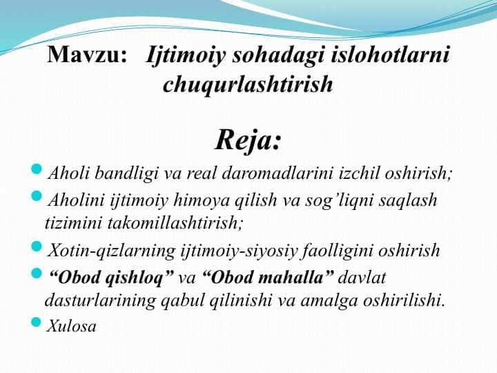 Ijtimoiy sohadagi islohotlarni chuqurlashtirish