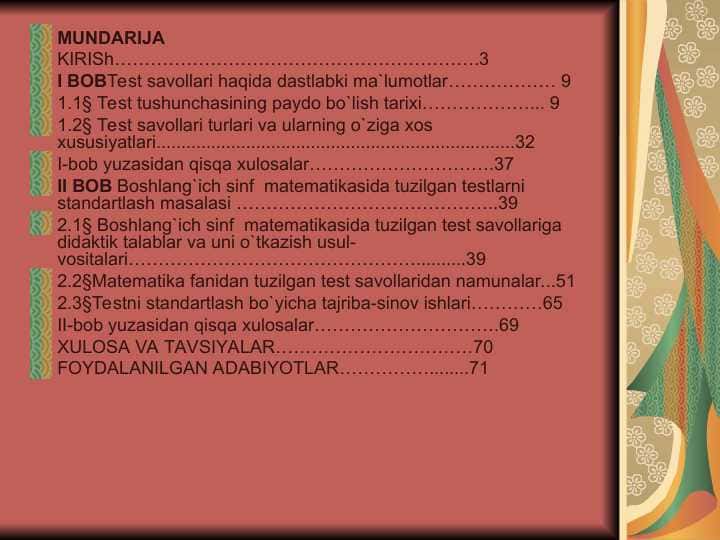 Test savollari haqida dastlabki ma`lumotlar