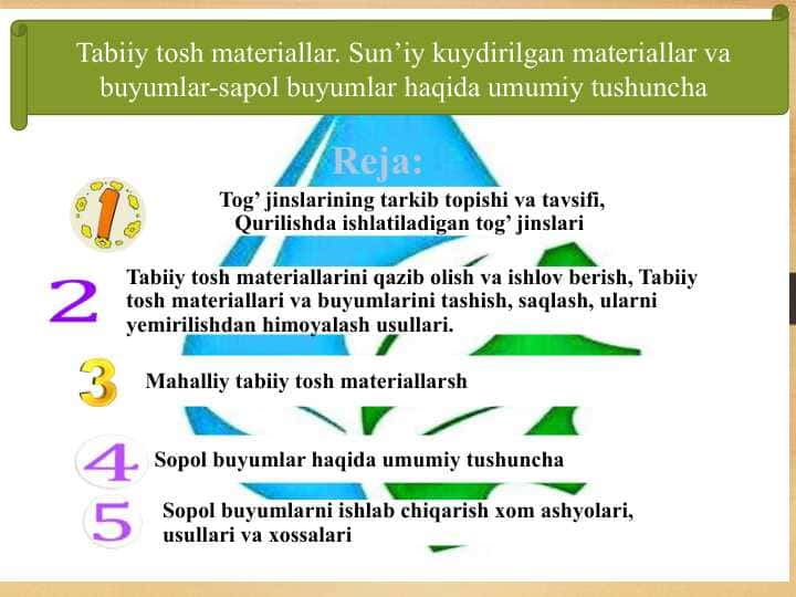 Tabiiy tosh materiallar. Sun’iy kuydirilgan materiallar va buyumlar-sapol buyumlar haqida umumiy tushuncha