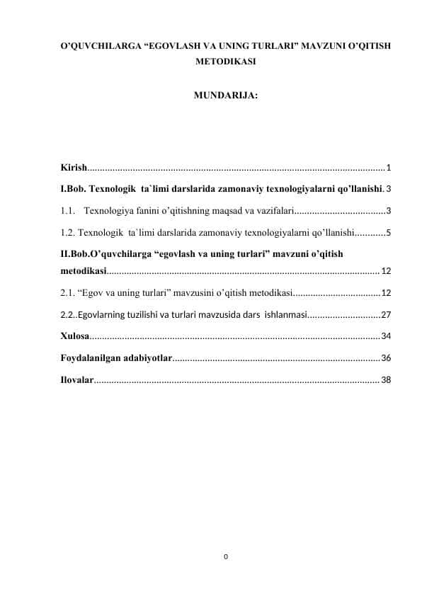O’QUVCHILARGA “EGOVLASH VA UNING TURLARI” MAVZUNI O’QITISH METODIKASI