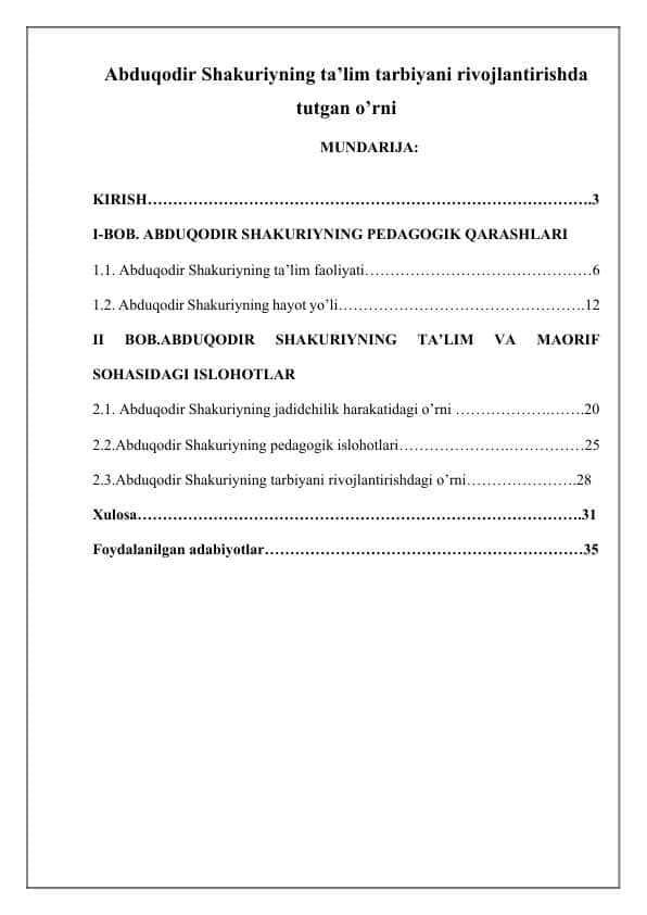Abduqodir Shakuriyning ta’lim tarbiyani rivojlantirishda tutgan o’rni