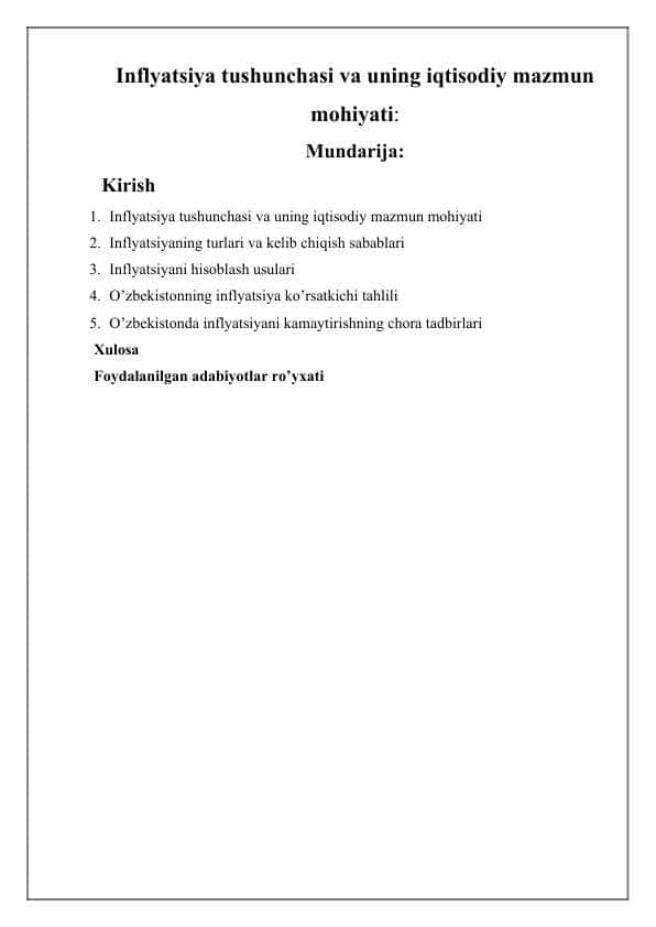 Inflyatsiya tushunchasi va uning iqtisodiy mazmun mohiyati