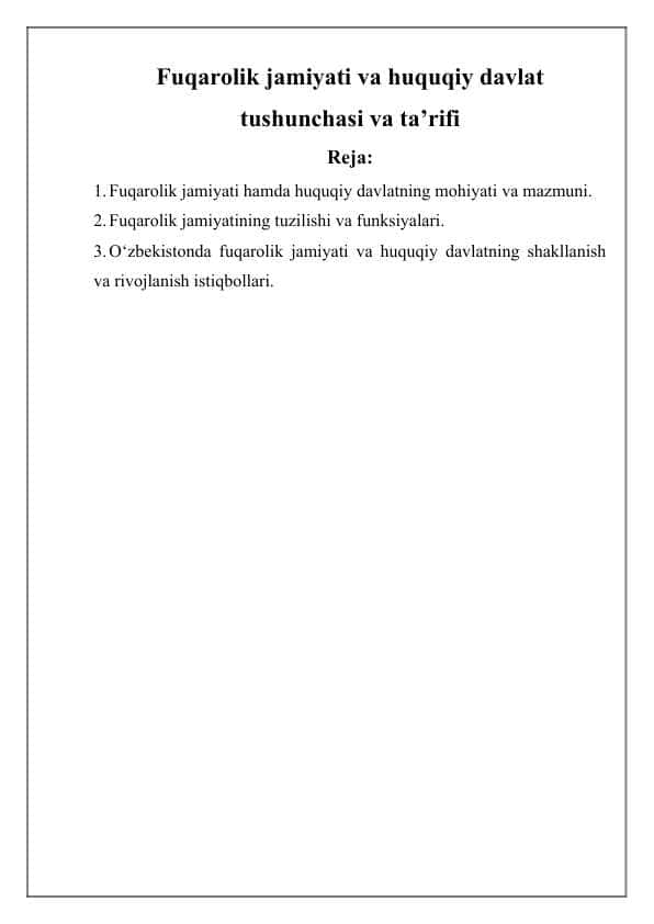 Fuqarolik jamiyati va huquqiy davlat tushunchasi va ta’rifi