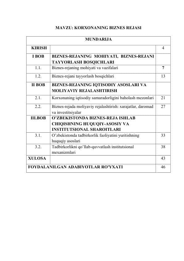 Korxonaning biznes rejasi