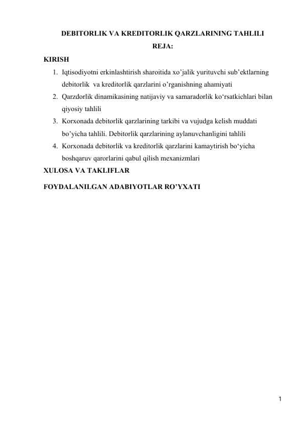 DEBITORLIK VA KREDITORLIK QARZLARINING TAHLILI