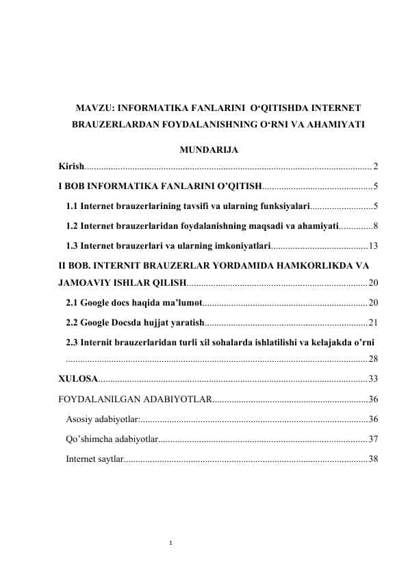 INFORMATIKA FANLARINI O‘QITISHDA INTERNET BRAUZERLARDAN FOYDALANISHNING O‘RNI VA AHAMIYATI